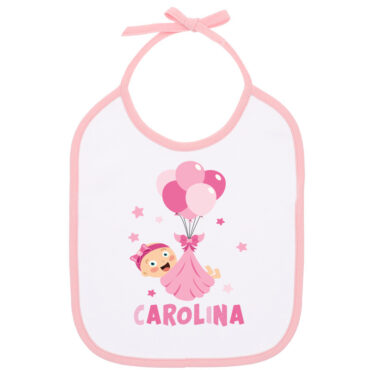 Babero para bebé personalizado con globos rosas y nombre