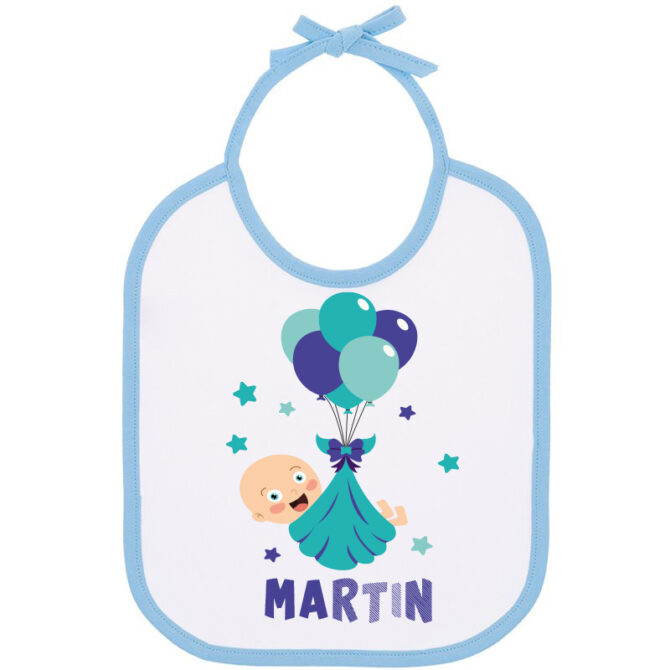 Babero para bebé personalizado con globos azules y nombre