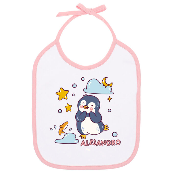 Babero rosa para bebé personalizado con pingüino bailarín y nombre