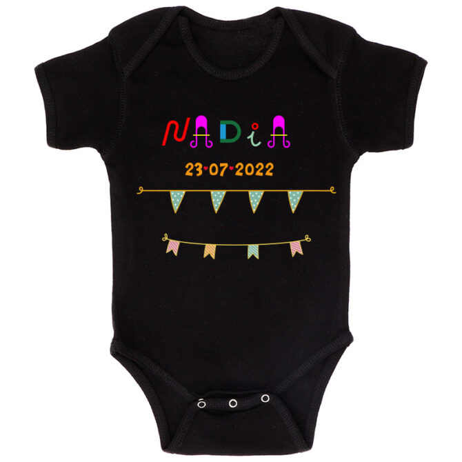 Body bebé negro personalizado con guirnaldas y nombre