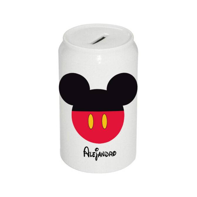 Hucha en forma de lata diseño «Mickey» con nombre personalizado