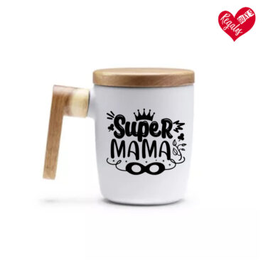 Taza de cerámica “Súper Mamá” con tapa y asa de bambú