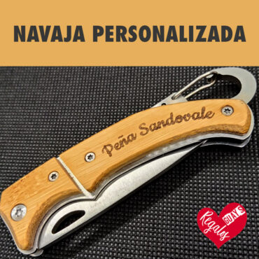 Navaja de acero inoxidable y bambú personalizada